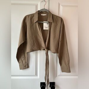 OAK + FORT Women’s Linen Blend Front Tie Shirt Taupe NWT (Size S)